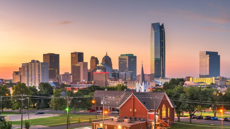 downtown Oklahoma City skyline at sunset